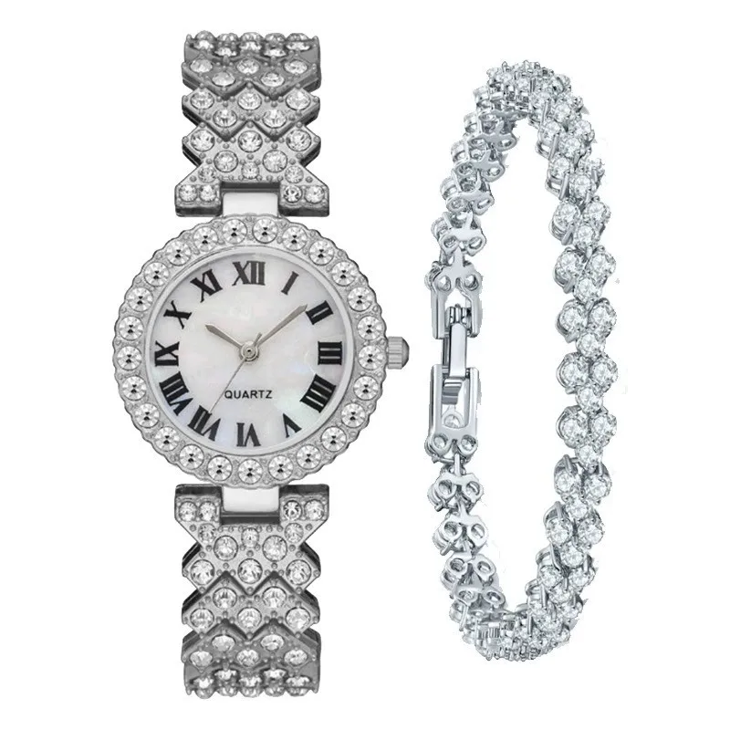 Nuevo reloj de mujer con diamantes, elegante reloj de cuarzo, esfera de diamantes popular, pulsera llena de diamantes, pulsera de corazón, pulsera de reloj de mujer, juego de 2 piezas