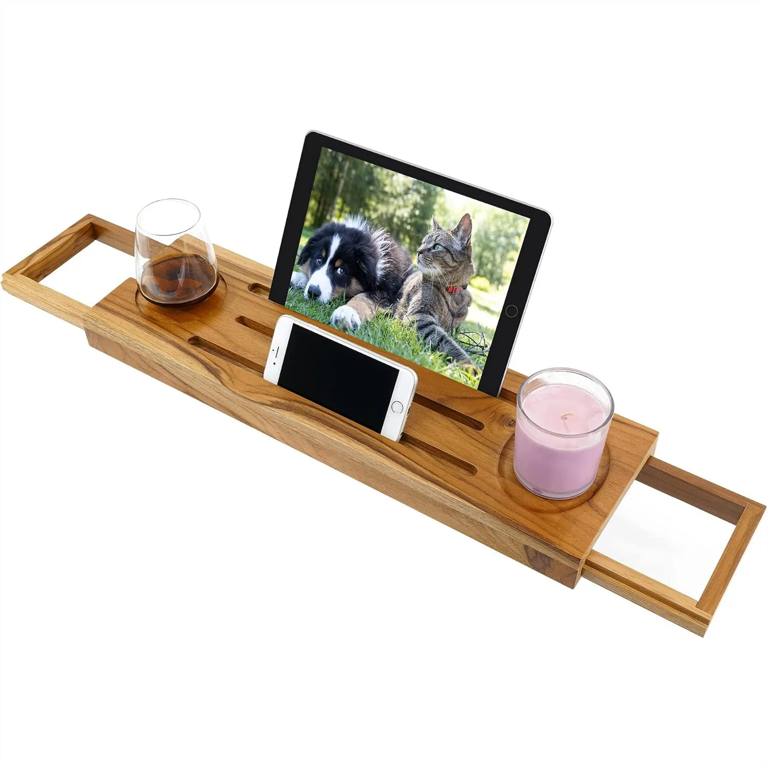 

Teak Bathtub Tray Caddy, Expandable Adjustable Organizer for Bathroom, Luxury Tub Table with Tablet and Glass Holder