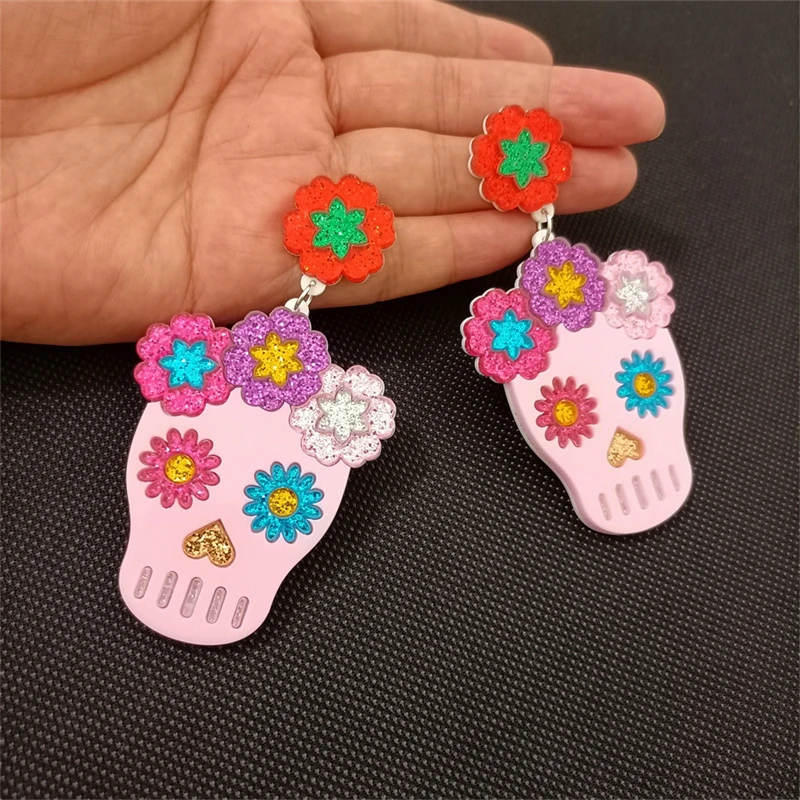 KUGUYS Flowers Skull Large Earrings for Women Acrylic Multicolor Glitter Novelty Jewelry Fashion Accessories