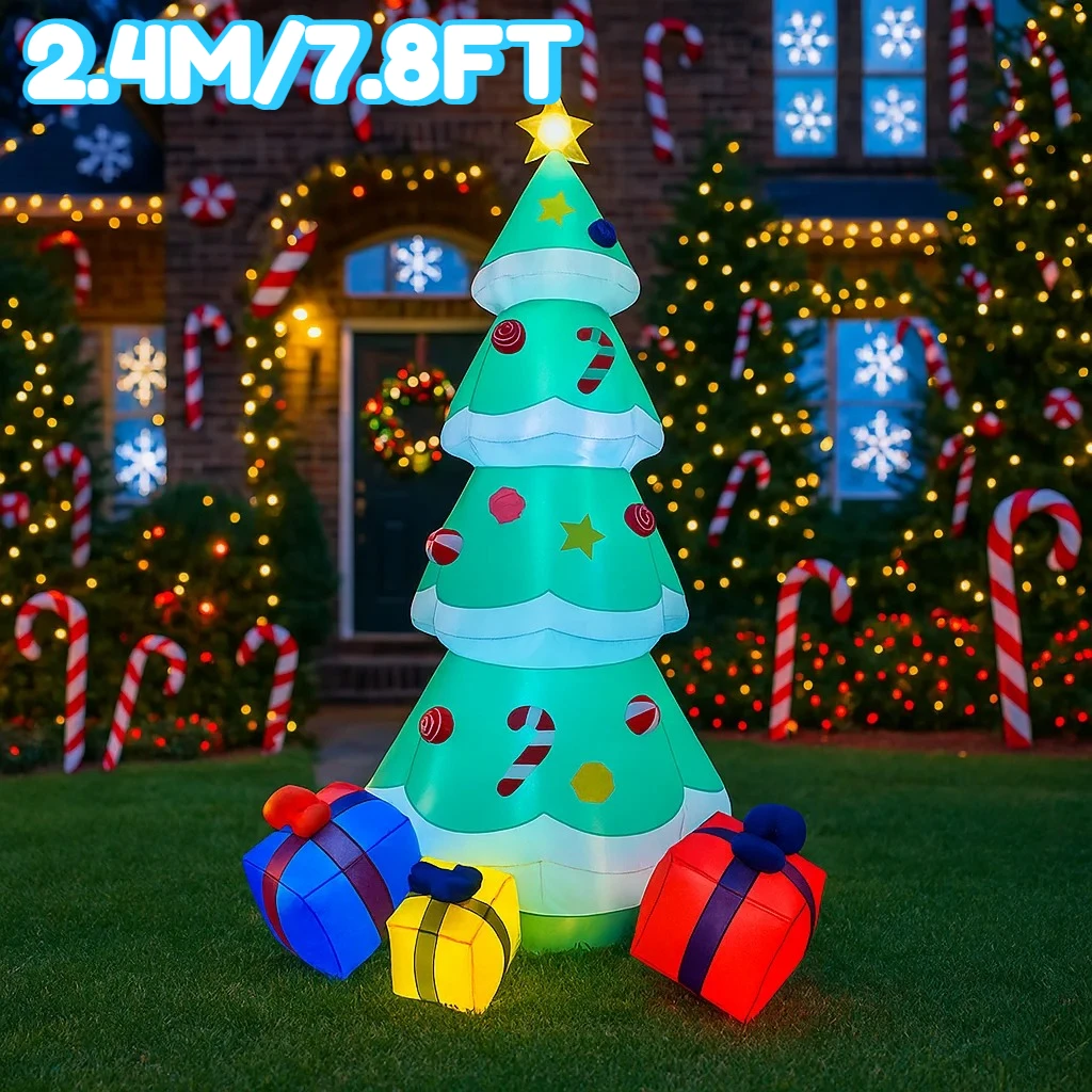 2.4M/7.8FT Inflatable Christmas Tree Gift Boxes Outdoor Lights LED Home Holiday Lighting Decorations Yard Xmas Decor Supplies