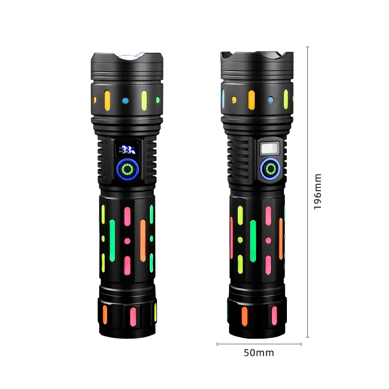 COBA Powerful Bright Spotlight LED Flashlight With Fluorescent Absorbing Film Luminous Colorful Tactical Torch Power Display