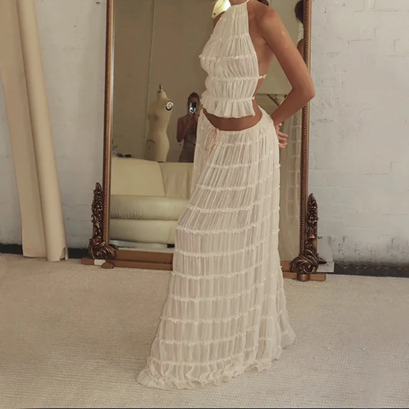 2024 Lente Zomer Dames 2 Delige Set Mode Solide Halter Lange Rok Pak Vrouwen Rugloze Slinger Top Veteraan Geplooide Maxi Rokken