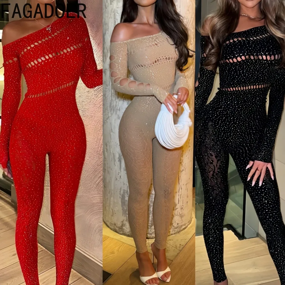 

FAGADOER Spring Summer New Sexy Jumpsuits Women See Through Hollow Out Rhinestone Patchwork Rompers Female Streetwear Overalls