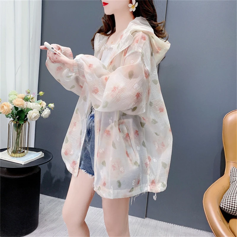 Pink White Zippered Cardigan Summer 2024 Lazy Style Print Design Hooded Sun Protection Long Sleeved Jacket For Women's