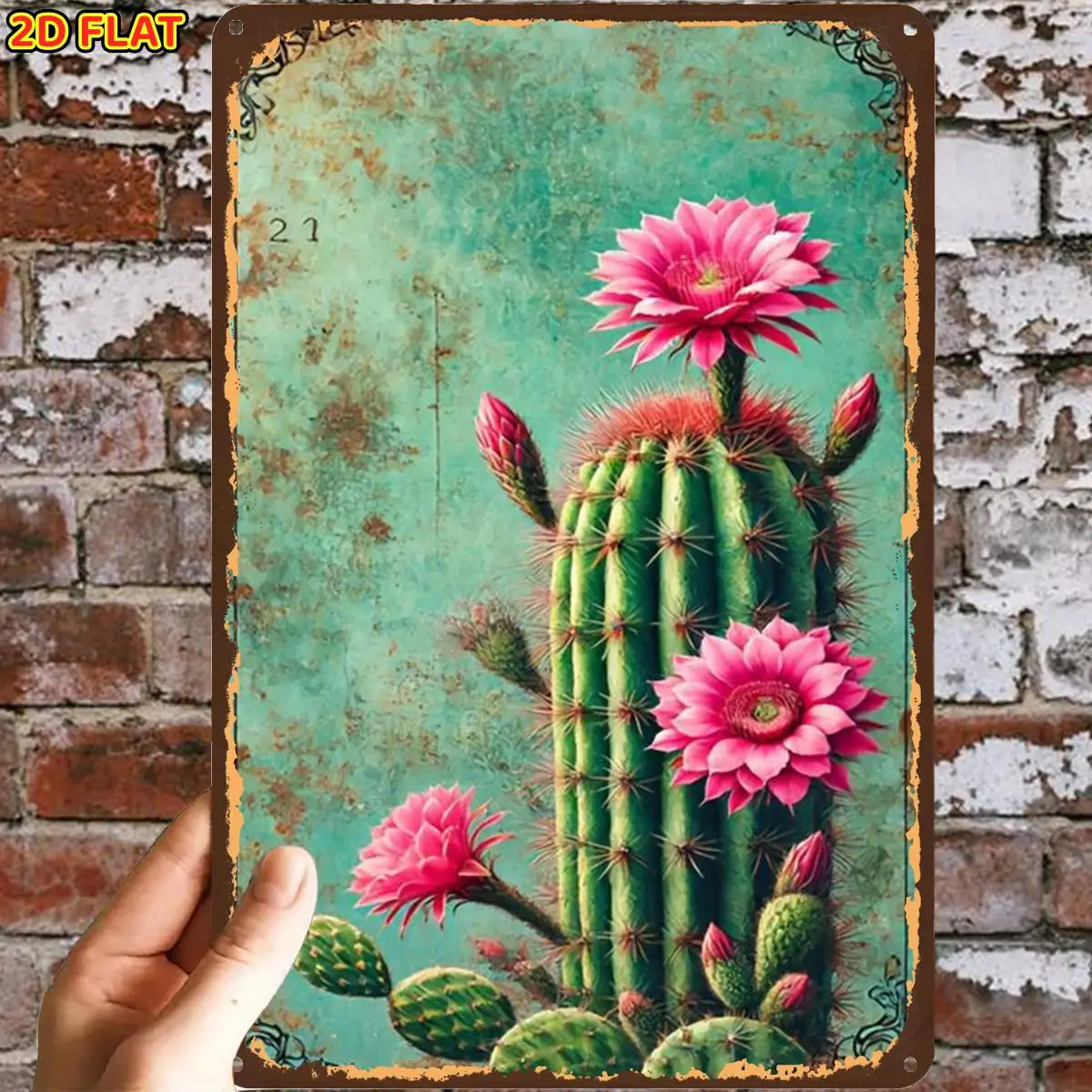 Rustic Cactus Flower Art Printmetal Iron aluminum Sign, Pre-Drilled Holes, Suitable for Indoor, Garden, Outdoor, Home, Office