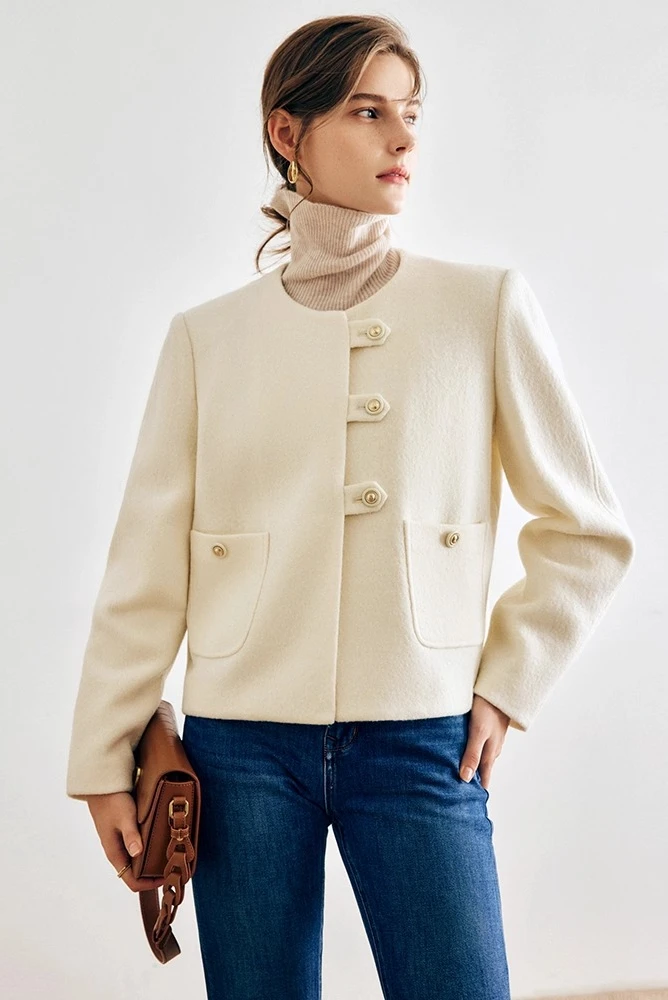 

OLrain Women's French Woolen Coats 2025 Autumn Winter Solid O-neck Jackets Fashion Design Overcoat Female Clothing O22QN65585