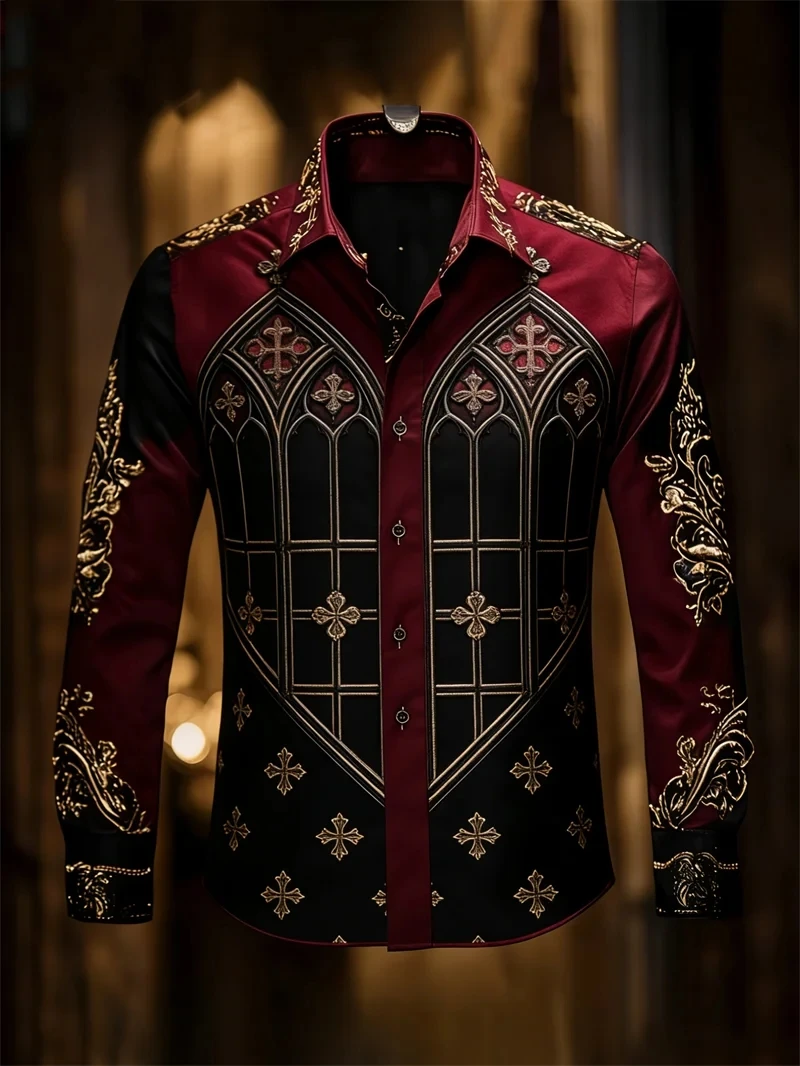 Men's 3D Cross Print Satin Shirt Luxury High-Quality Fabric Fashionable Casual Long Sleeve Lapel Party Top For Men