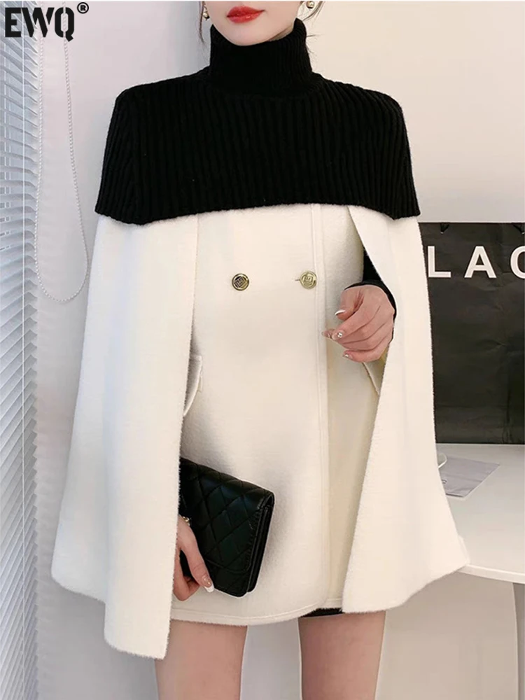 [EWQ] Gentle Women Shawl Cloak Double-sided Woolen Coat Elegant Temperament Party Knitted Jacket 2024 Autumn Winter New 16U5210