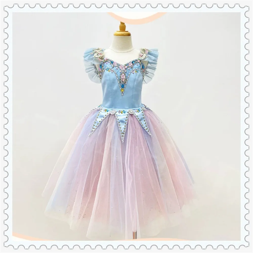 Custom Ballet Tutu Dress For La Fille du Pharaon Act 3 River Variation,Light Blue & Pink Ombre Romantic Dress with Crystal