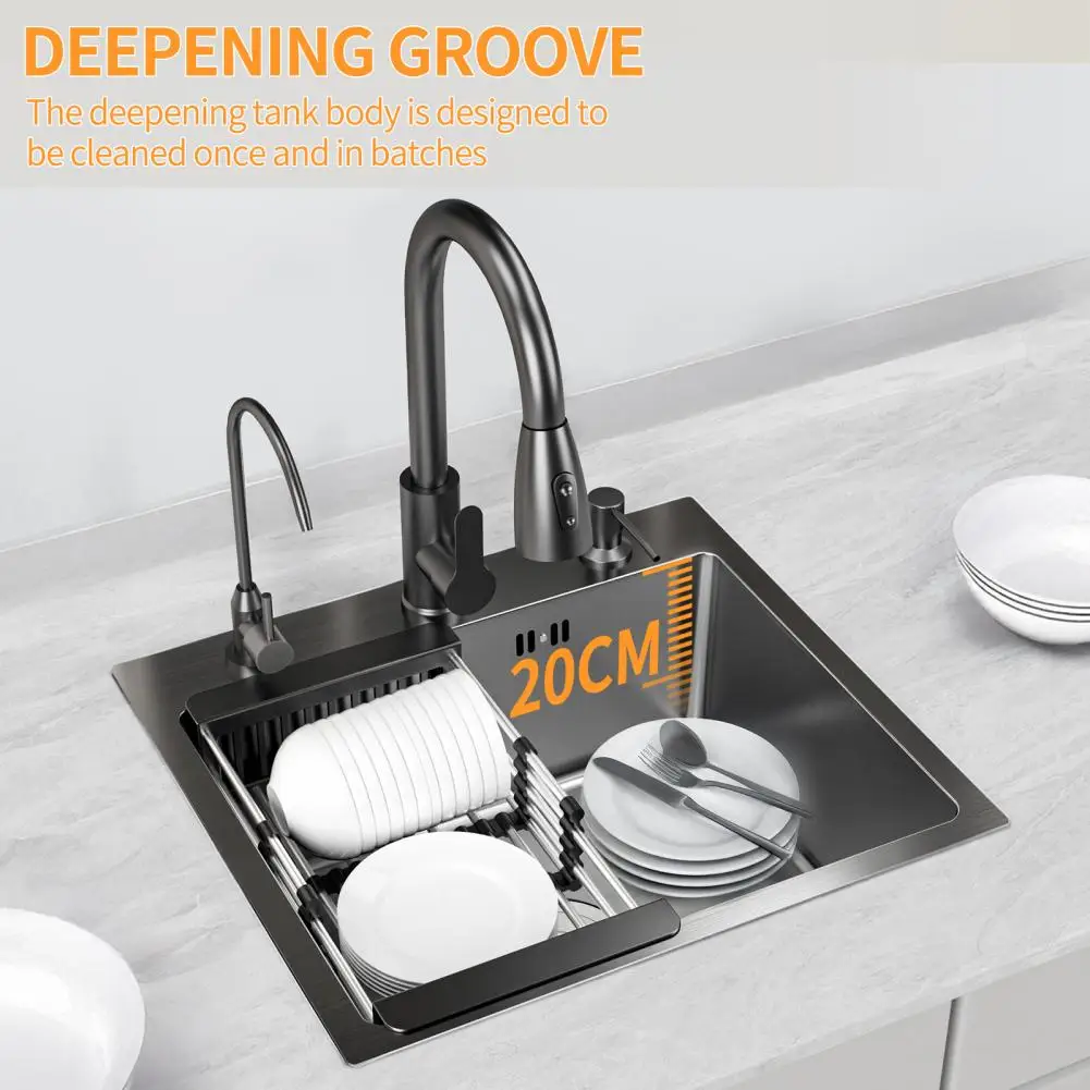 حوض مطبخ من الفولاذ المقاوم للصدأ باللون الأسود - وعاء واحد مع مجموعة صنبور، حوض محطة عمل زاوية لغسل الأطباق