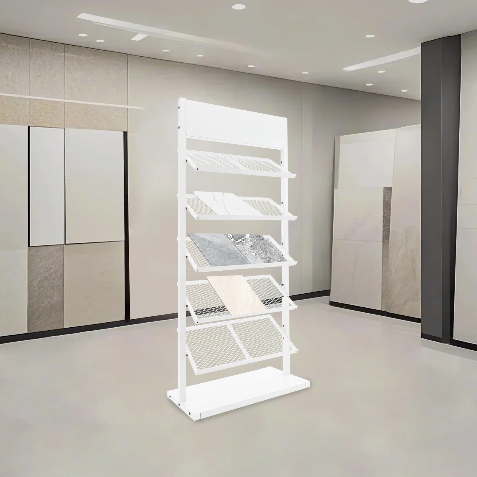 رف عرض بلاط حديدي مكون من 5 طبقات، منظم قائم على الأرض باللون الأبيض، حامل عينة من البورسلين السيراميكي ذو 5 أرفف، رف عينات ثقيل الوزن