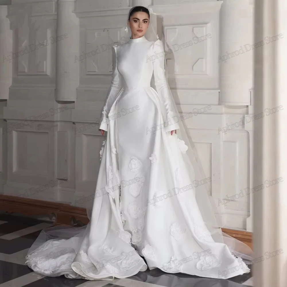 Modest Muslim Women Wedding Dresses Elegant Bridal Gowns Satin Robes Full Sleeves High Neck Vestidos De Novia Customized 2026