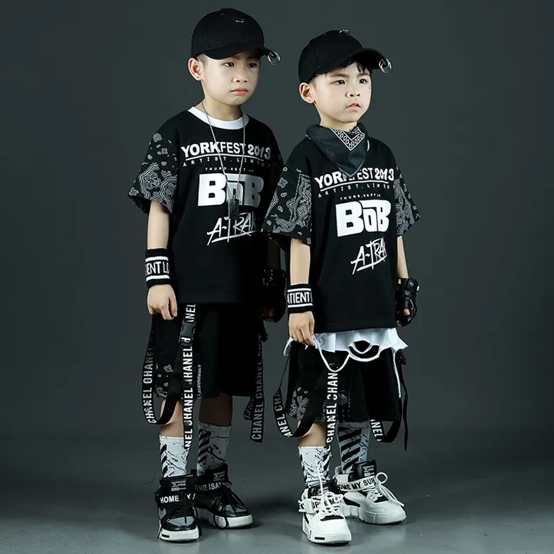 Kids Clothing Sets Summer Black Print T-shirt Shorts 2pcs Boy Tracksuit Children Sport Suit Teen Hip Hop Outfits 4 6 8 9 10 12 Y