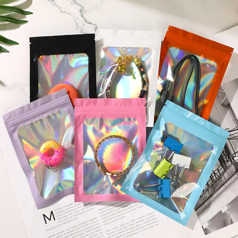 20pcs Color Hologram Zip Lock Bags Thicken Laser Bag Self Sealing Bag Resealable Jewelry Bags Display Retail Bag Clear Display