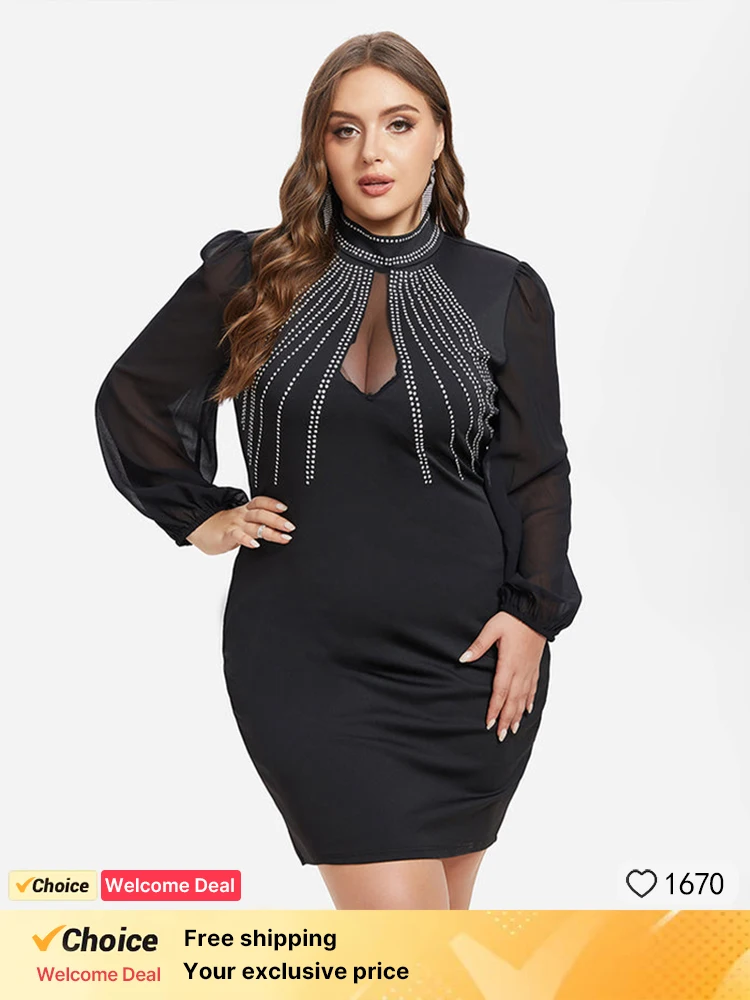 

Plus Sized Clothing Contrast Mesh Shiny Rhinestones Dress Mesh Lantern Sleeve Backless Dress Sexy Bodycon Dresses Night Clubwear