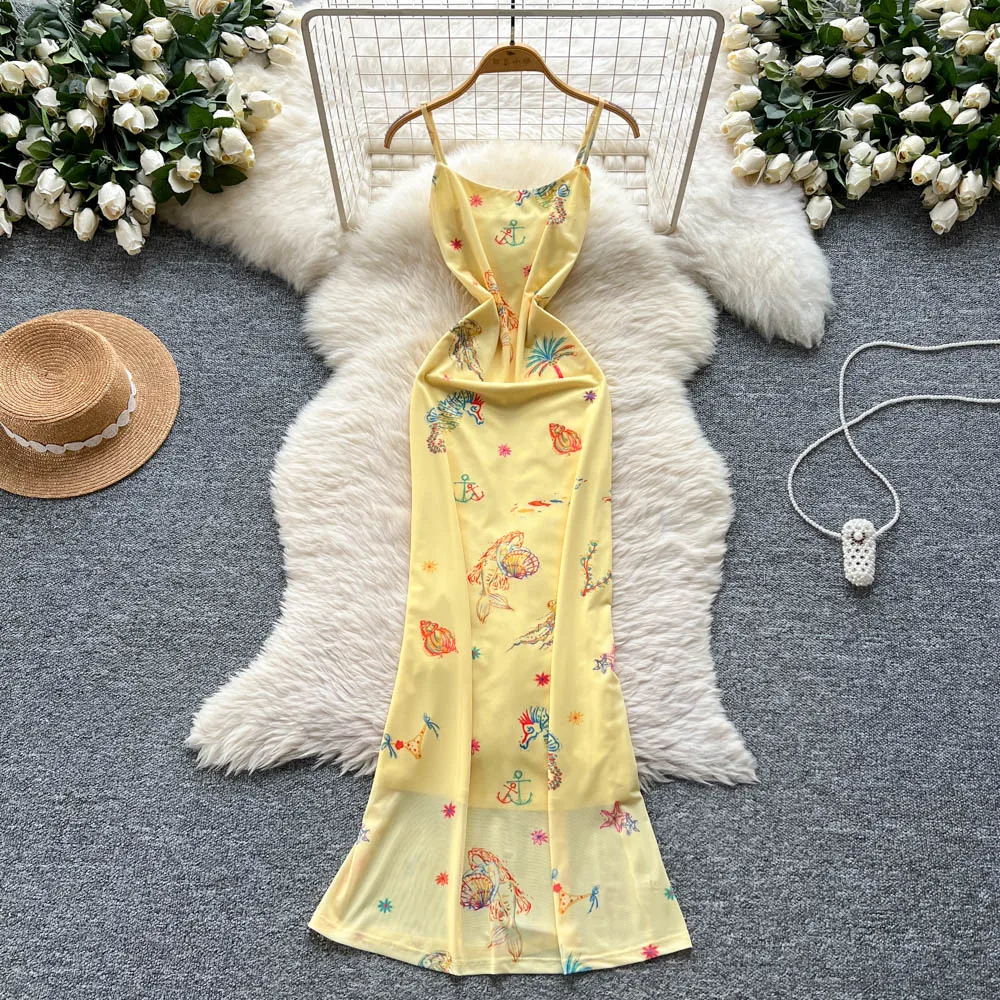 

Chic slim sleeveless mesh straps print High Waist Evening Party dress Women High Street ceremony dresses