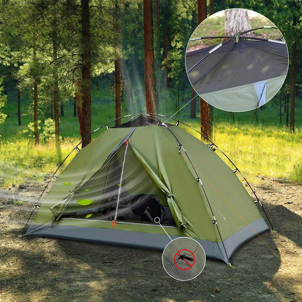 4-Jahreszeiten Wasserdichtes Doppelwandiges Familien-Campingzelt für 2-3 Personen, Sofort Aufbaubares Zelt mit Doppeltüren und Aufbewahrungstasche, Dunkelgrünes Polyester 205x120x110cm