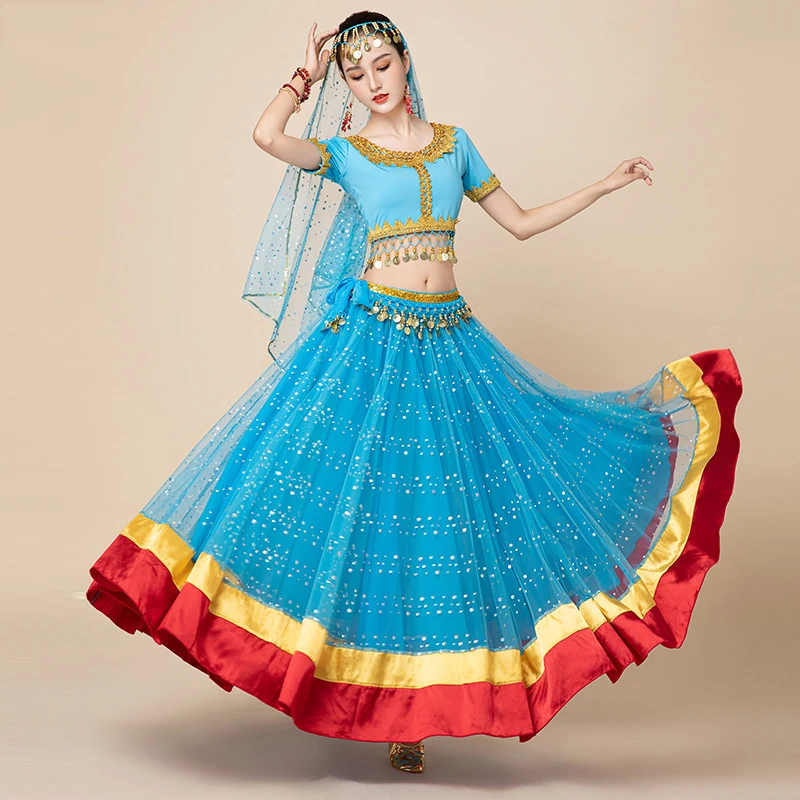 Adult Indian Belly Dance Tops Skirt Costume Uniform Women Arabic Sari Halloween Bollywood Bellydance Rave Party Dress Up Outfit