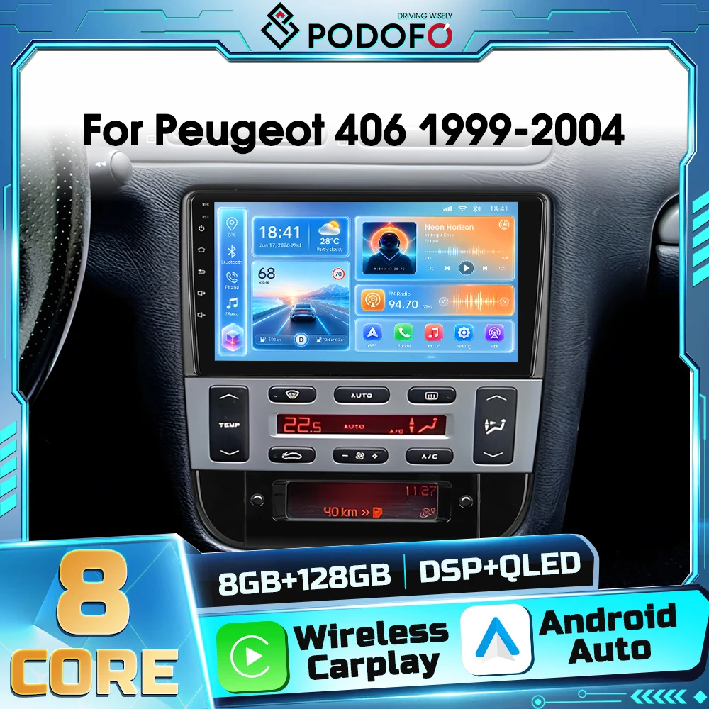 Autoradio Android 2DIN Podofo 8core per Peugeot 406 1999-2004 con Carplay Wireless, Android Auto, GPS, WIFI, DSP, Bluetooth, FM, RDS