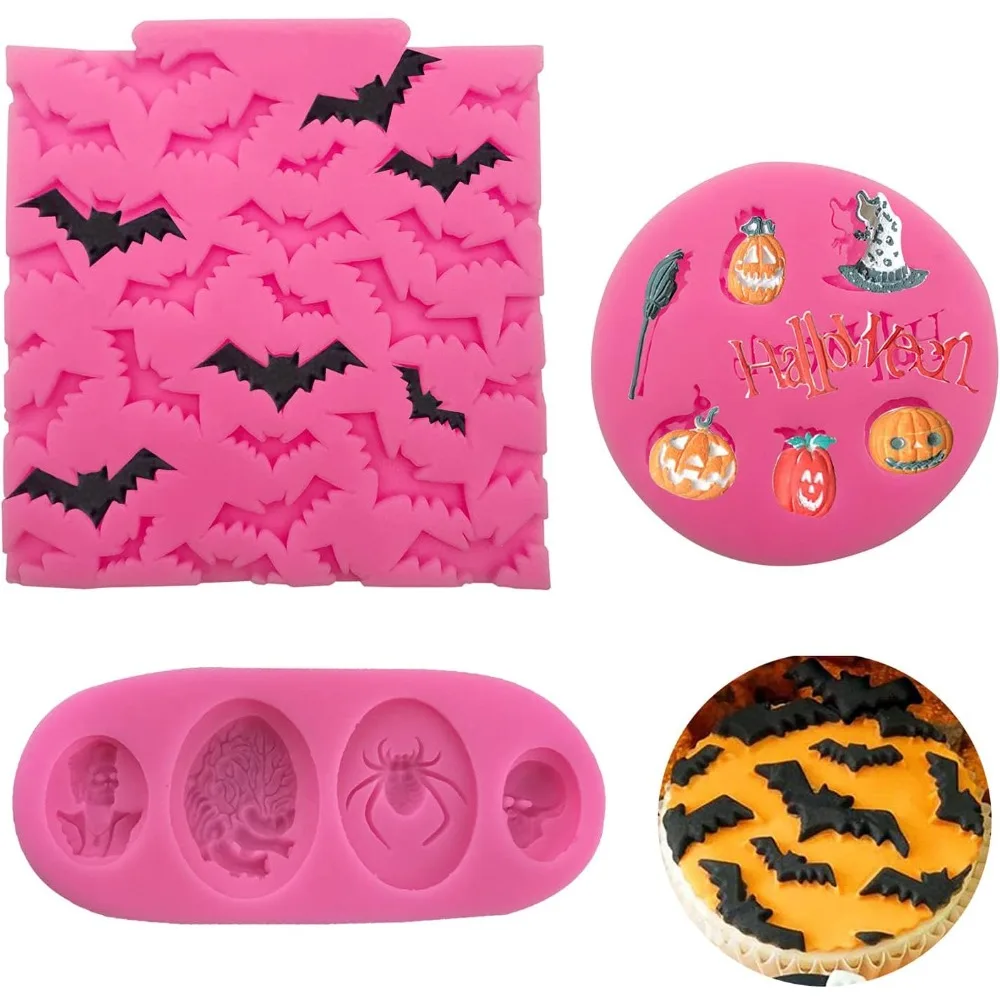 

3Pcs Mini Halloween Cake Fondant Molds, Bat Pumpkin Spider Skull Chocolate Cake Candy Molds for for Halloween Party Cupcake Cake