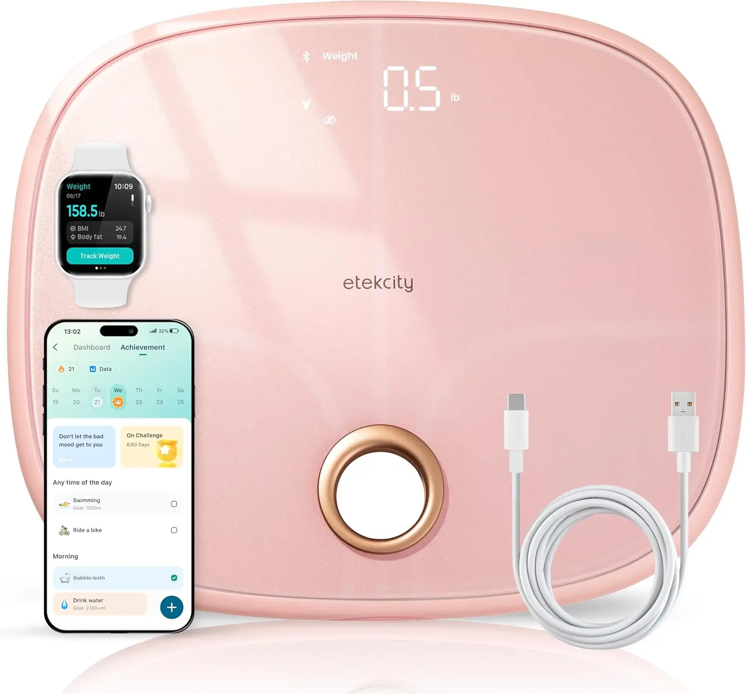 

Rechargeable Smart Scale for Body Weight, BMI, Fat, Muscle Mass with Bluetooth and Secret Mode in Pink