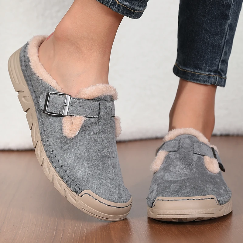 Damenmode Baotou-Slipper Winter Neu Rundkopf Tiefer Schnitt Schnallenverschluss Weiche Sohle Rutschfest Verschleißfest Flache Schuhe – Detail 9