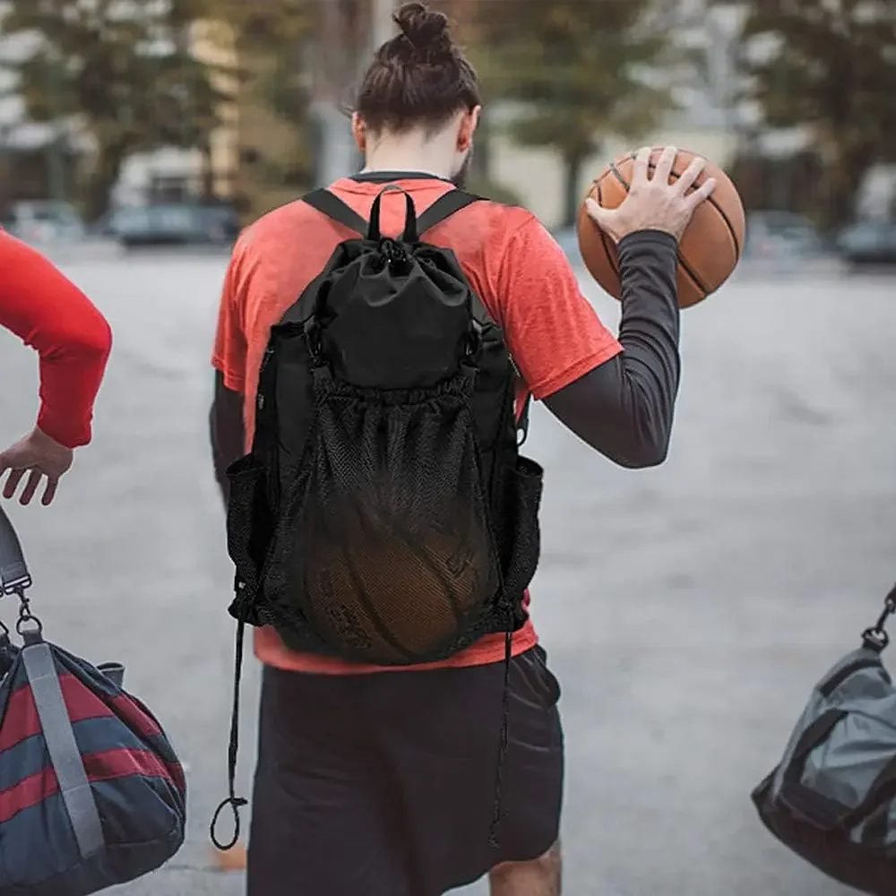 

Foldable Drawstring Backpack - Detachable Mesh Ball Holder - Gym, Yoga & Multi-Sport (Basketball, Soccer, Volleyball, Baseball)