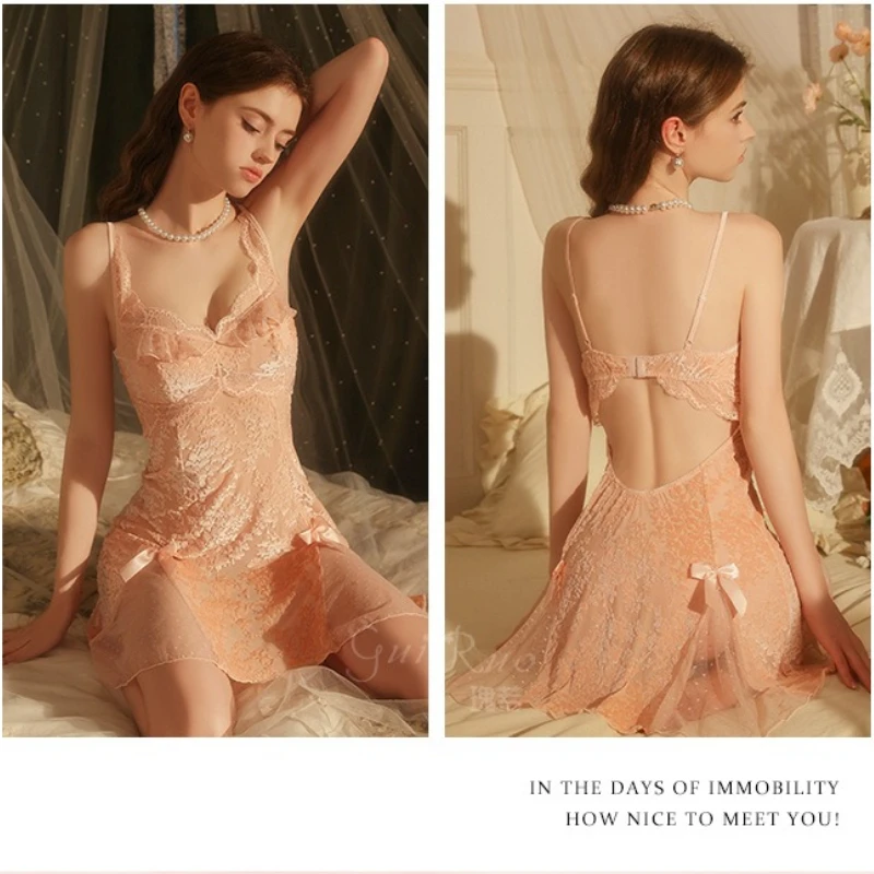 Velvet Jacquard Mesh Lace Splicing with Chest Cushion Sexy Bareback Strap Sleeping Skirt Outer Robe Set