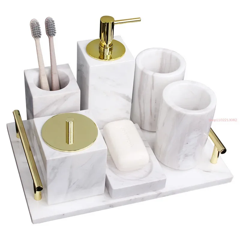 

Marble Bathroom Accessories Set Soap Dispensers/Dishes Toothbrush Holder Gargle Cups Tissue Cotton Swab Box Tray Wedding Gifts