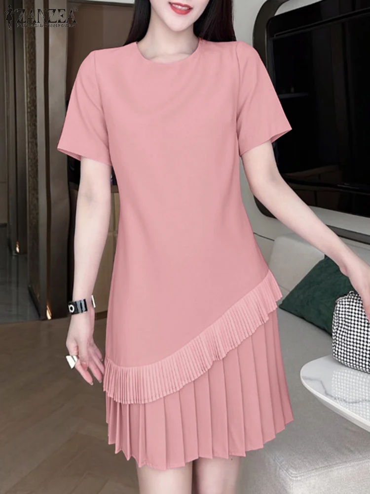 ZANZEA Elegancka damska sukienka z krótkim rękawem i falbankami 2024 Letnia sukienka Moda Casual Solidne plisowane sukienki A Line Vestidos