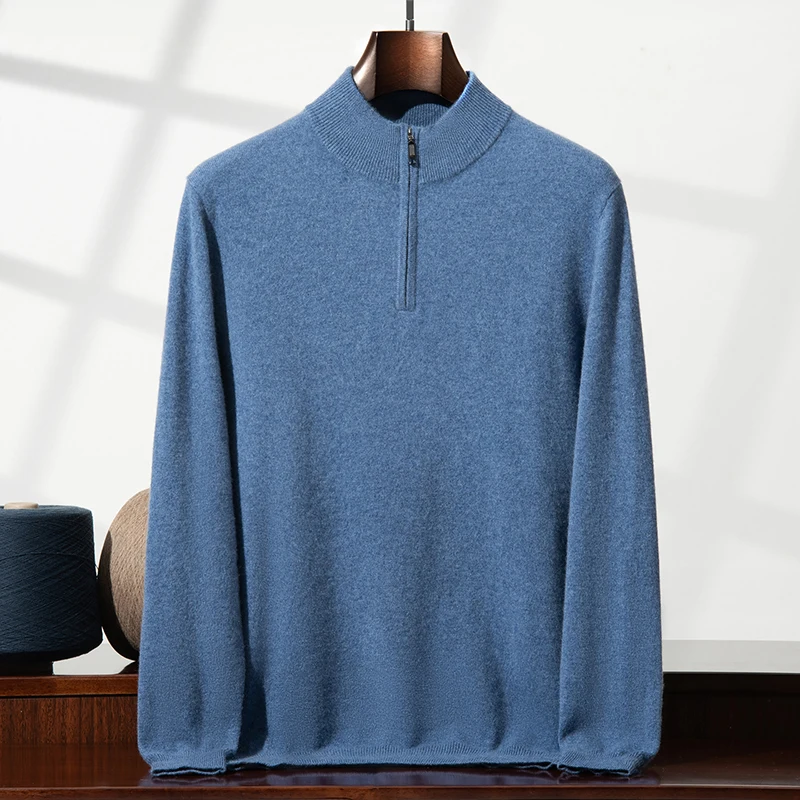 

Autumn Winter New Half-Zip Mid-Neck Knitted Sweater Men 100% Cashmere Thickened Warm Base Layer Solid Color Inner Wear
