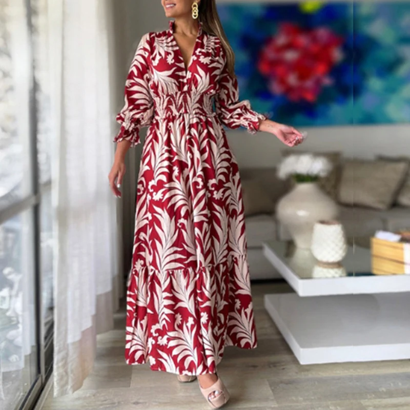 

2024 Sexy Deep V Neck Maxi Dress Women Printed Loose Long Dresses Ladies Long Sleeve Party Dresses Robe Longue