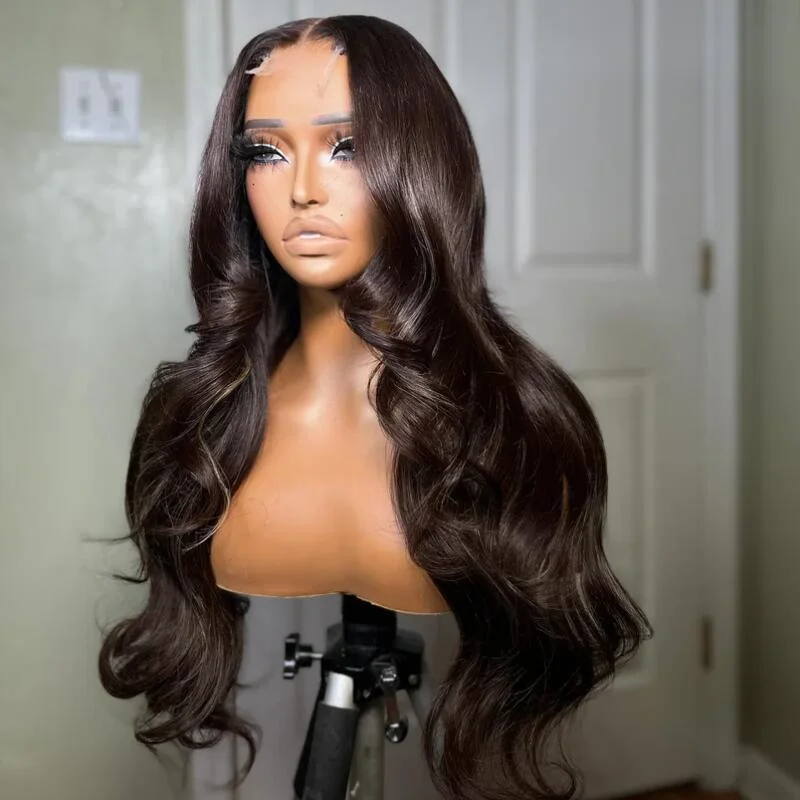 Glueless 180Density 26inch Dark Brown Body Wave 5x5 Silk Base Preplucked Jewish Human BabyHair HDLace Wig European Hair