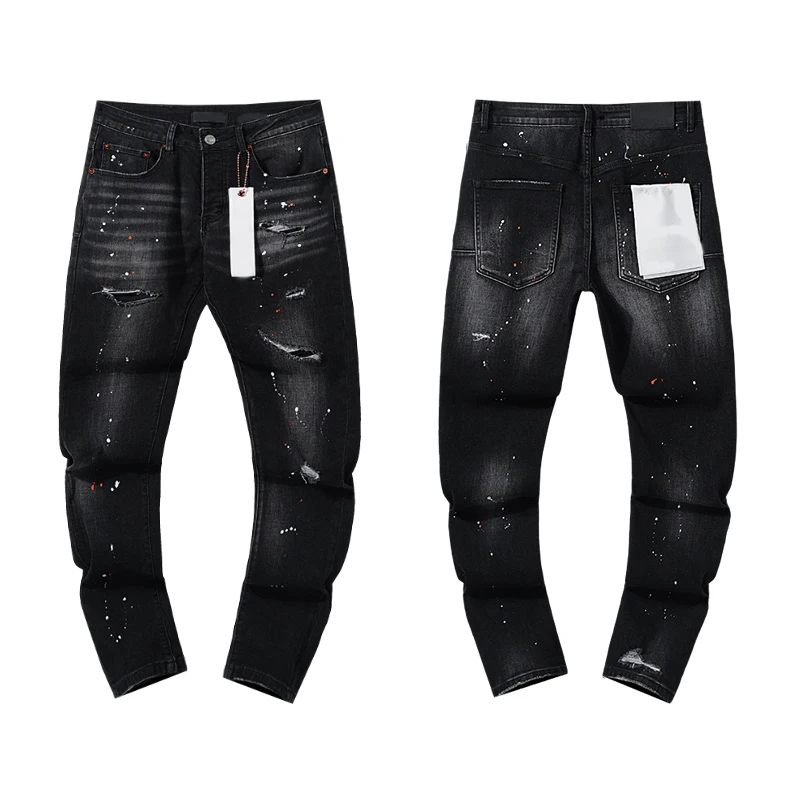 

American Casual Pulley Jeans Splash Ink Tear Black Pencil Pants High Quality Men's Women's Fashion Casual Pants