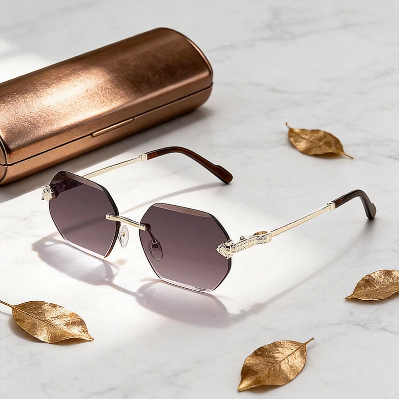 

Rimless Rectangle Sunglasses Cut Lens Square Sun Glasses Diamond Metal Frame Shades Luxury Fashion Women Men Polygon Glasses