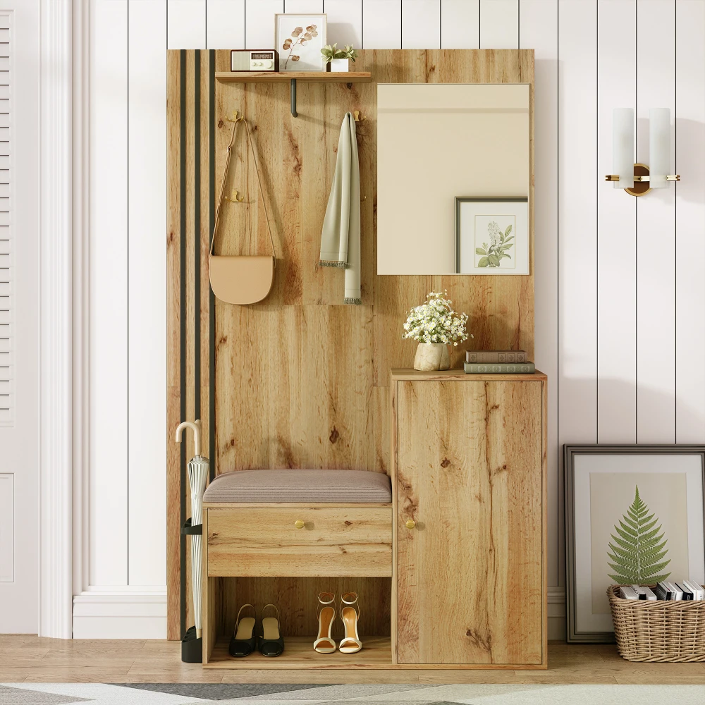 Kleiderschrank-Set, kompakter Flur-Kleiderschrank mit Spiegel und Kissen mit schwarzem Zierstreifen, Regal, Flur-Kleiderschrank, Schuhschrank – Detail 3