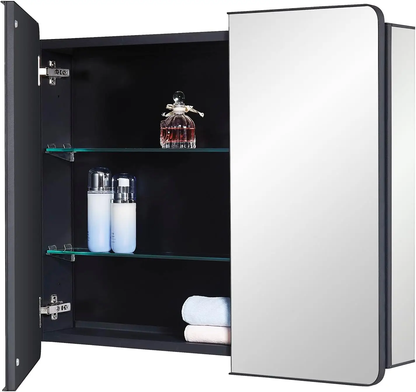 Black Bathroom Mirror Medicine Cabinet Round Corner Framed Door30 x 25.6 inch Recessed or Surface Mount Adjustable Glass Shelves