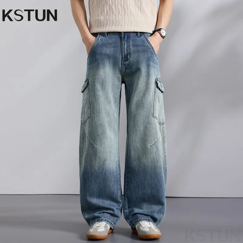 

KSTUN Men's Wide Leg Jeans Cargo Pants Multi-pockets Design Gradient Loose Baggy Pants Streetwear Fashion Trousers Trend Cowboys