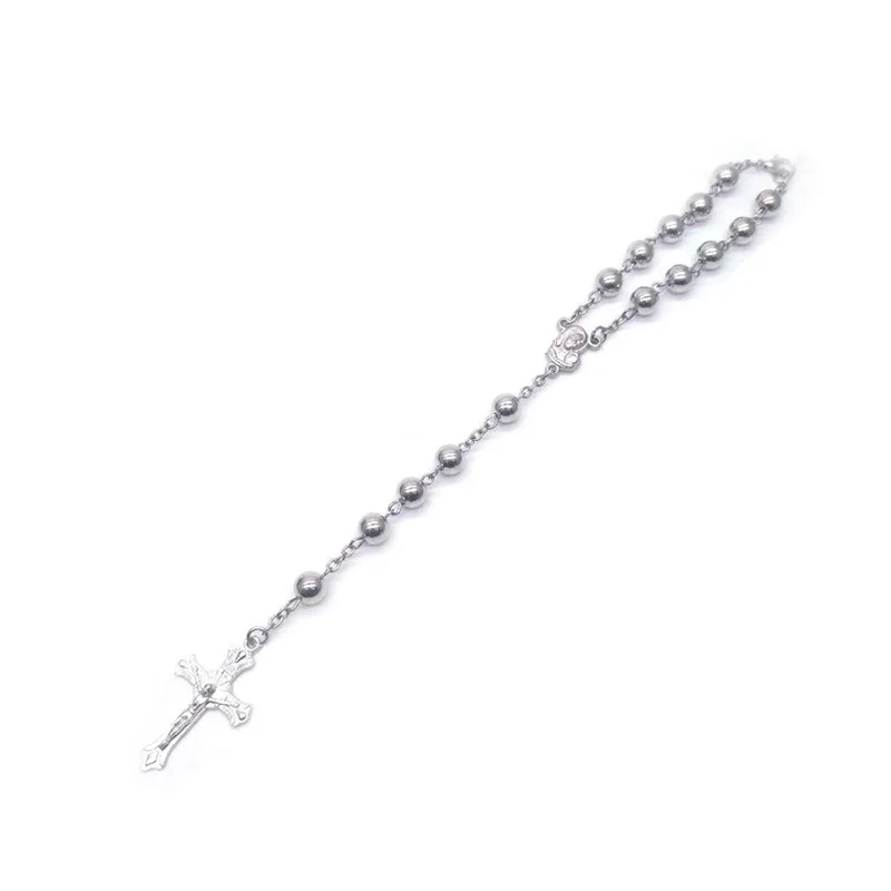 CCB Silver Color Rosary Metal Jesus Cross Bracelet Prayer Beads Car Hanging Ornaments Religious