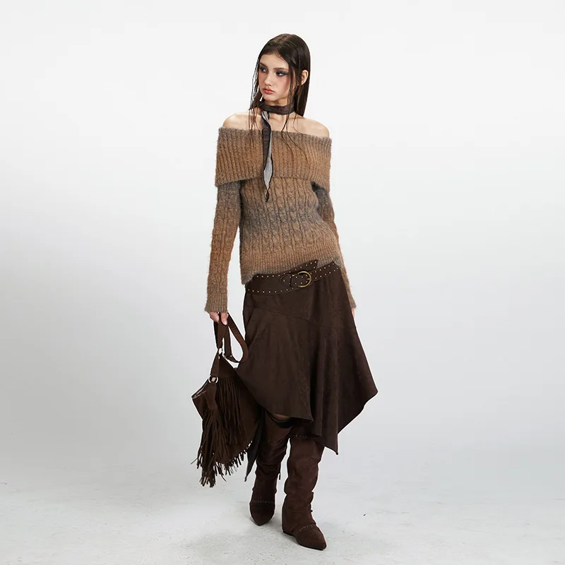 سترة محبوكة بأكمام طويلة مكشوفة الأكتاف على الطراز الأمريكي الجديد للنساء، بلوفر للخريف والشتاء #4