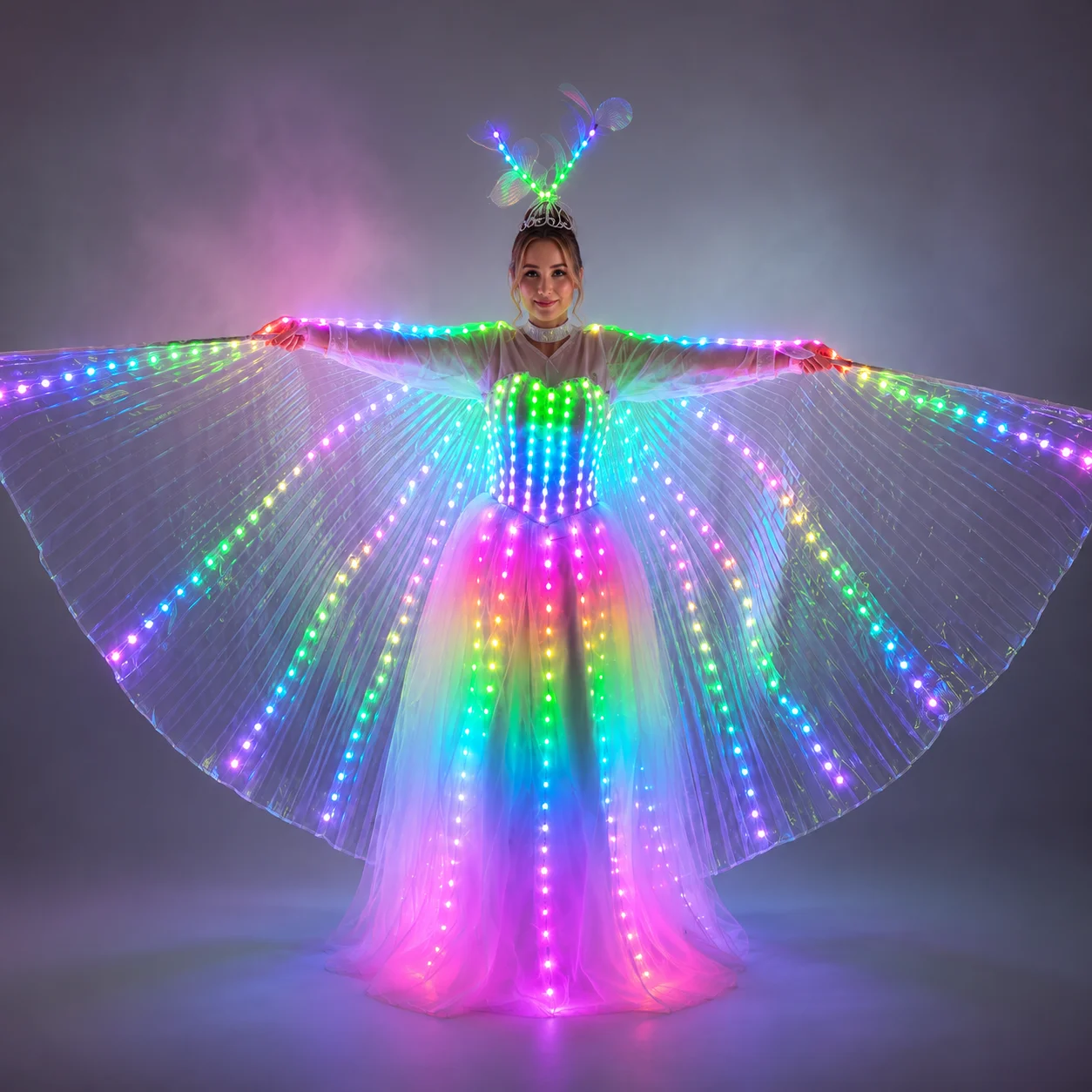Full Color Pixel LED Skirt Dreamy Luminous Wedding Dress with Wings Bodysuit for Women Singer Dancer Performance