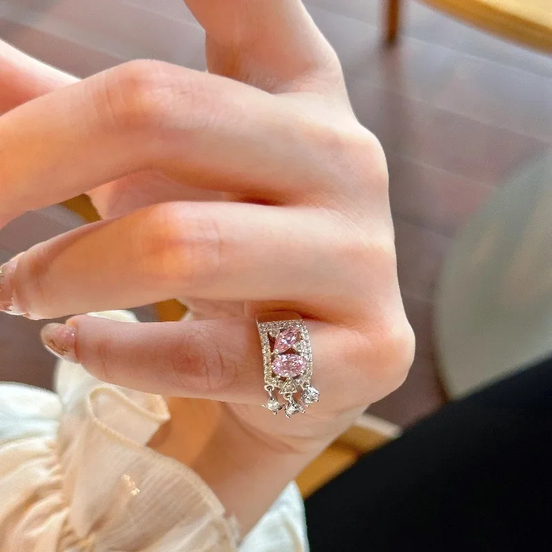 Light luxury exquisite hollow pink gems water droplet tail rings for women silver 925 sweet style tassel ring wedding jewelry