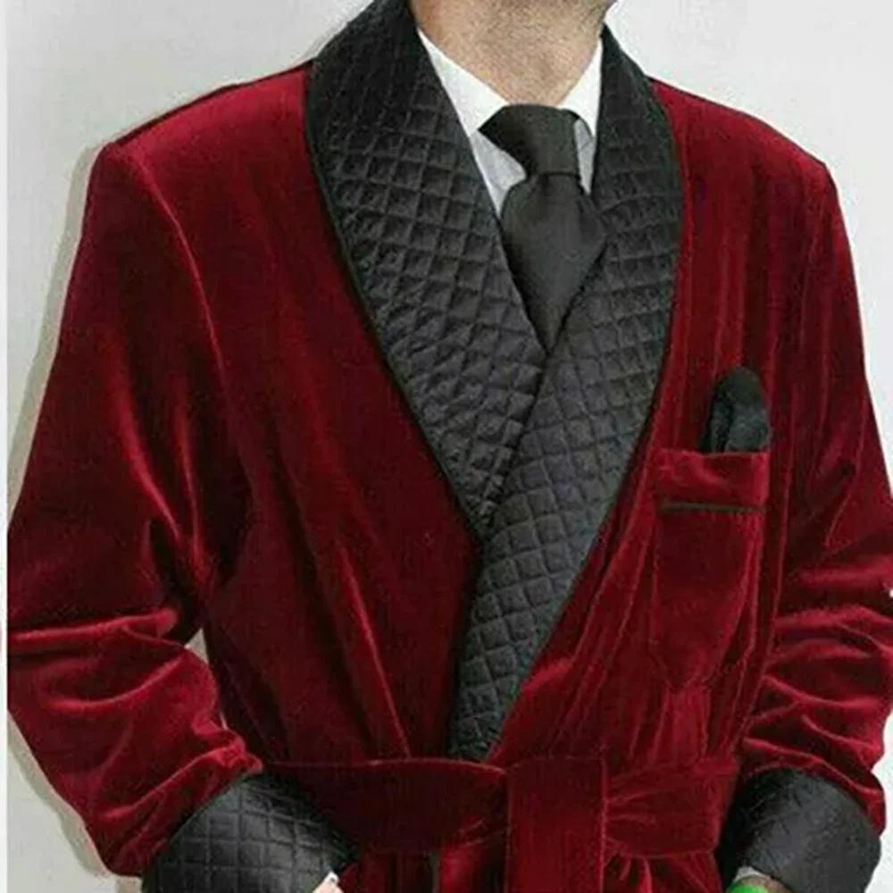 

Smart Causal Burgundy Men Long Jacket Black Shawl Lapel Double Breasted Smokin Velvet Daily Party Banquet Somsaco Hombre Casual