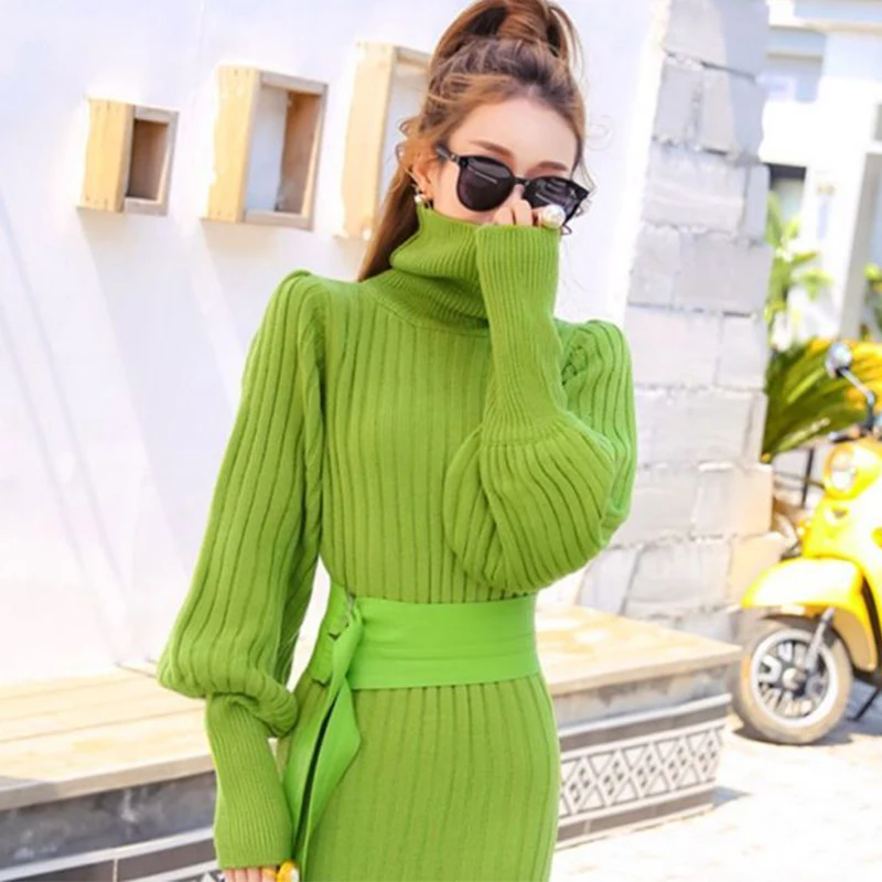 Women's Green Slim High Waist A-line Dresses High Neck Lantern Sleeves Sexy Fishtail Dresses 2023 Thicken Warm Knitted Dresses