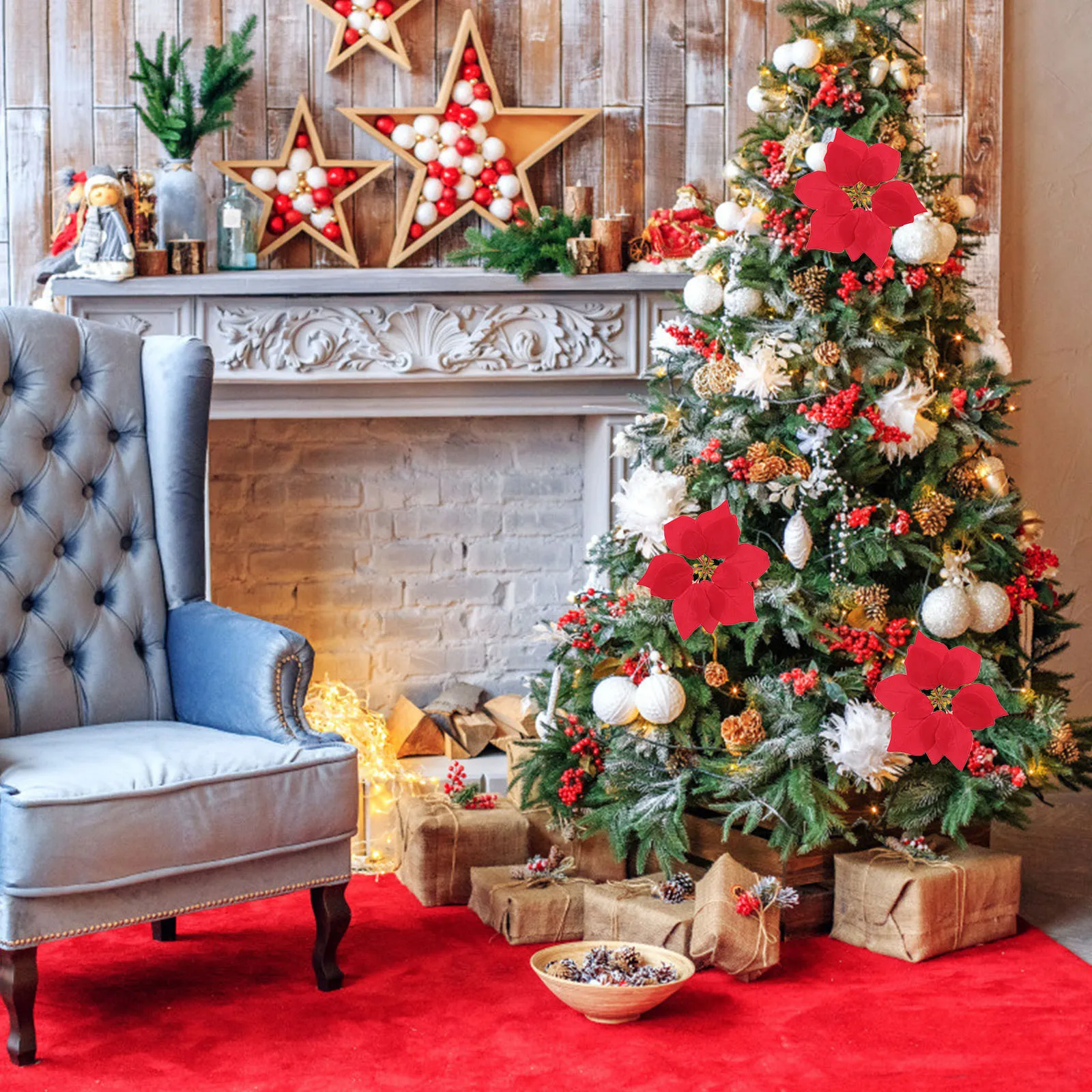 

20Pcs Artificial Red Poinsettia Floral Heads Christmas Tree Decorations Xmas Table Centerpieces Front Door Wreath Holiday Floral