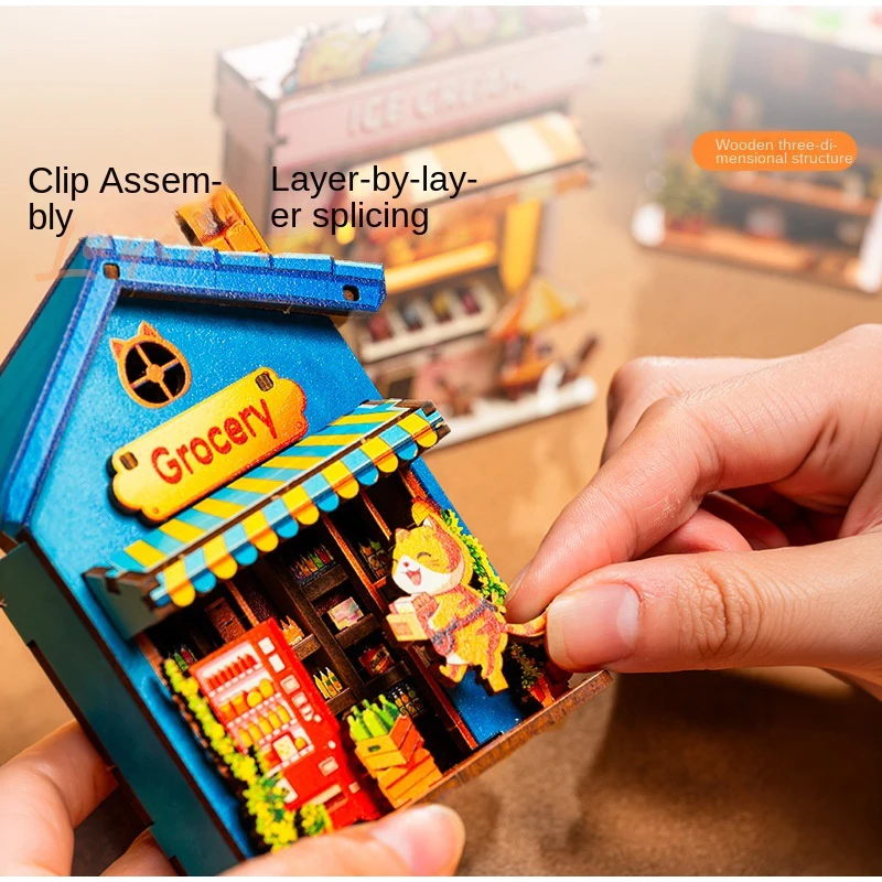 DIY Magnetic Fridge Magnet Fairy Tale Shop Wooden Assembly Model Mini House Fridge Decor With Led Light Handmade Craft Gift