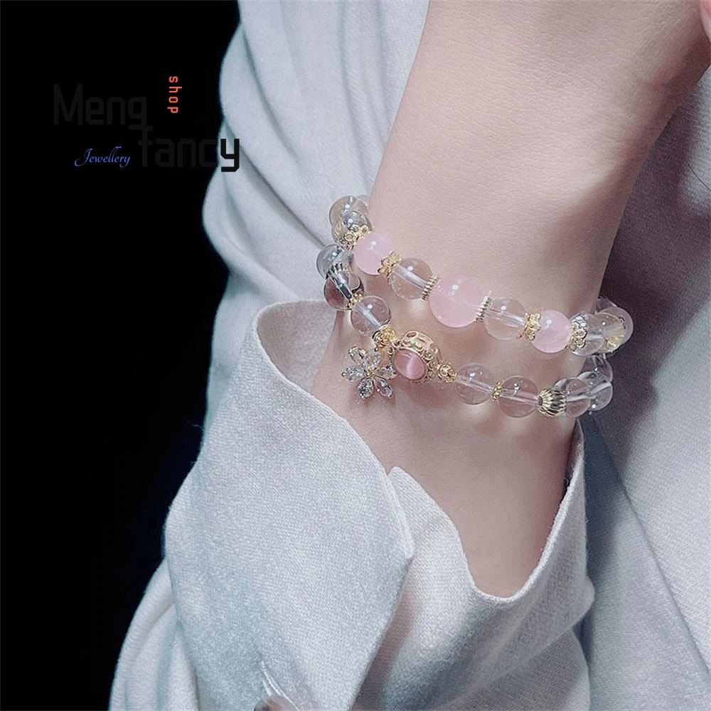 Natural Summer Double Circle White Crystal Bracelet Female Fashion Temperament Pink Crystal Beaded High-grade Exquisite Jewelry