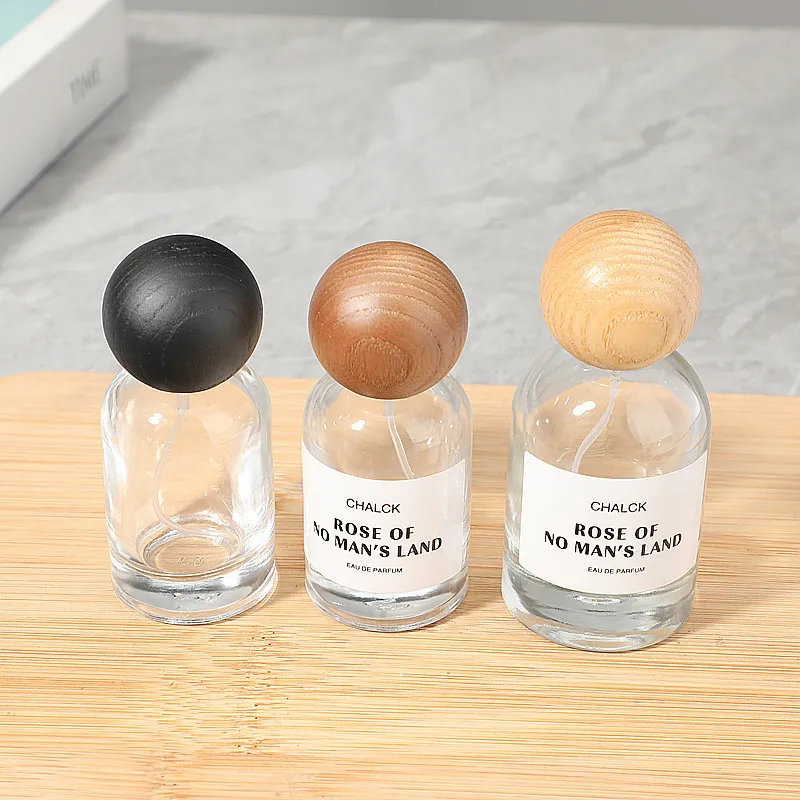 60pcs Round Perfume Bottle 30ml 50ml Clear Empty Repeatedly Filled Perfume Glass Bottles With Wooden Cap