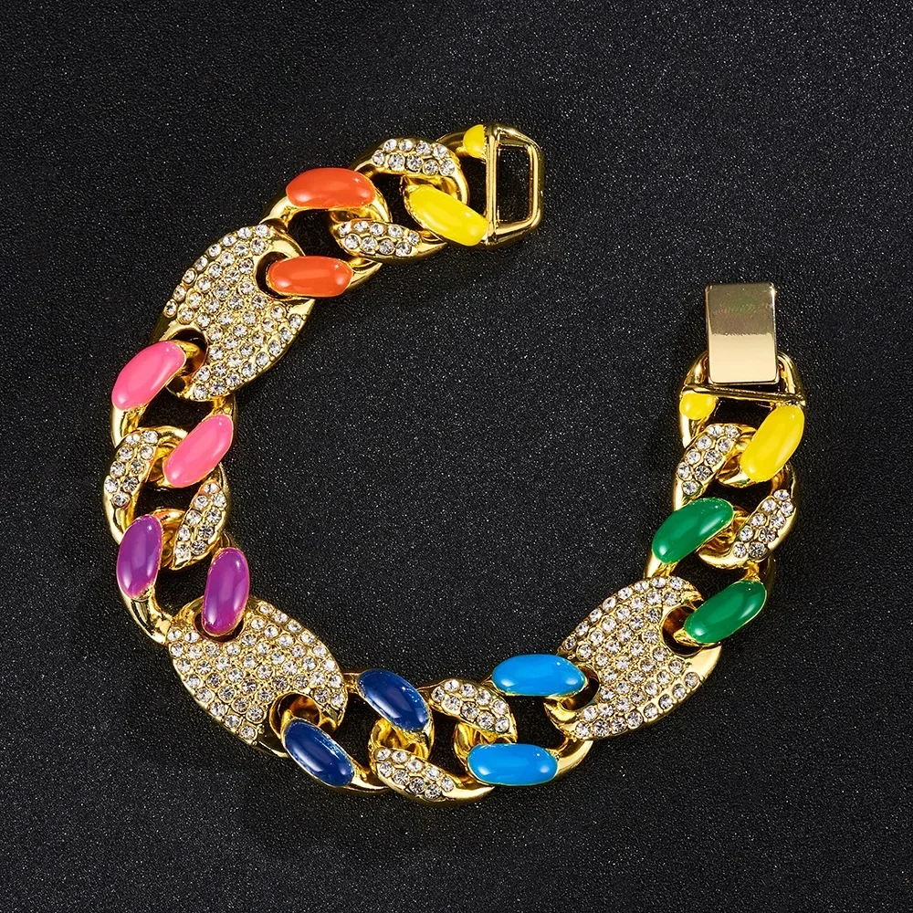 16mm Iced Out Pig Nose Cuban Link Chain Anklet Bracelet For Women Neon Colorful Enamel Rainbow Cz Bangle Hip Hop Jewelry 8/7/9