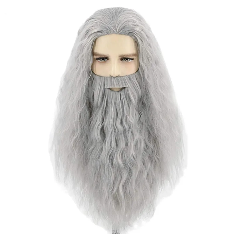 

Synthetic Wizard Grey Cosplay Wig Beard Set Gand-Uff Inspired Long Curly Costume Hair Anime Halloween Party Accessories